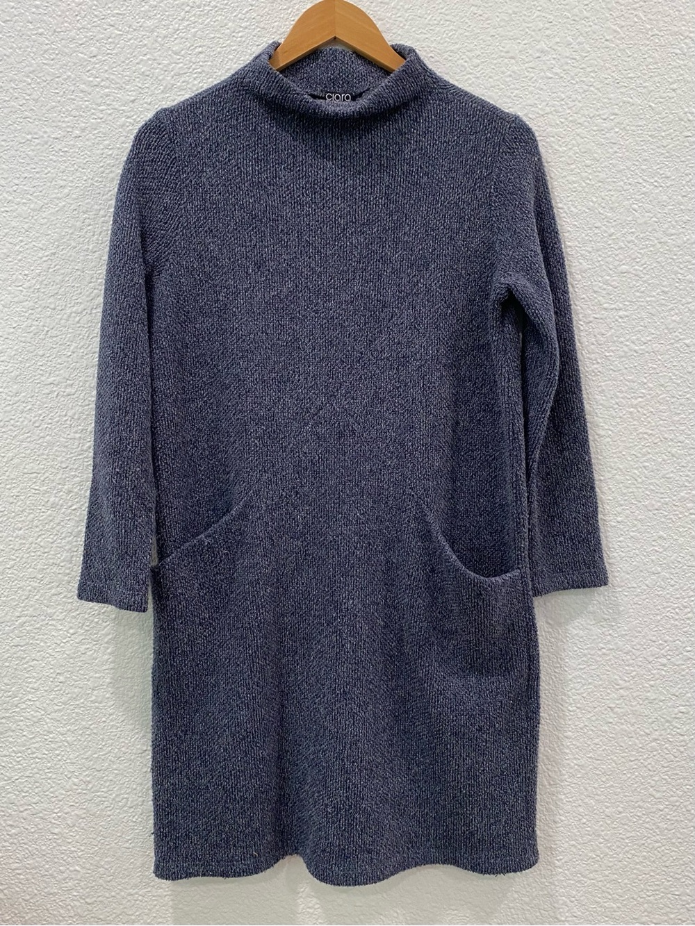 Clara Sun Woo Mock Neck Bouclé Knit Pocket Tunic Sweater Blue Made USA Size S
